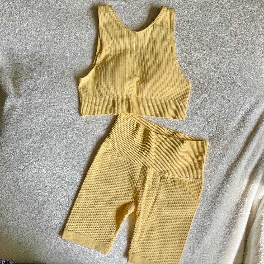 Butter Yellow Ribbed Bike Shorts Set